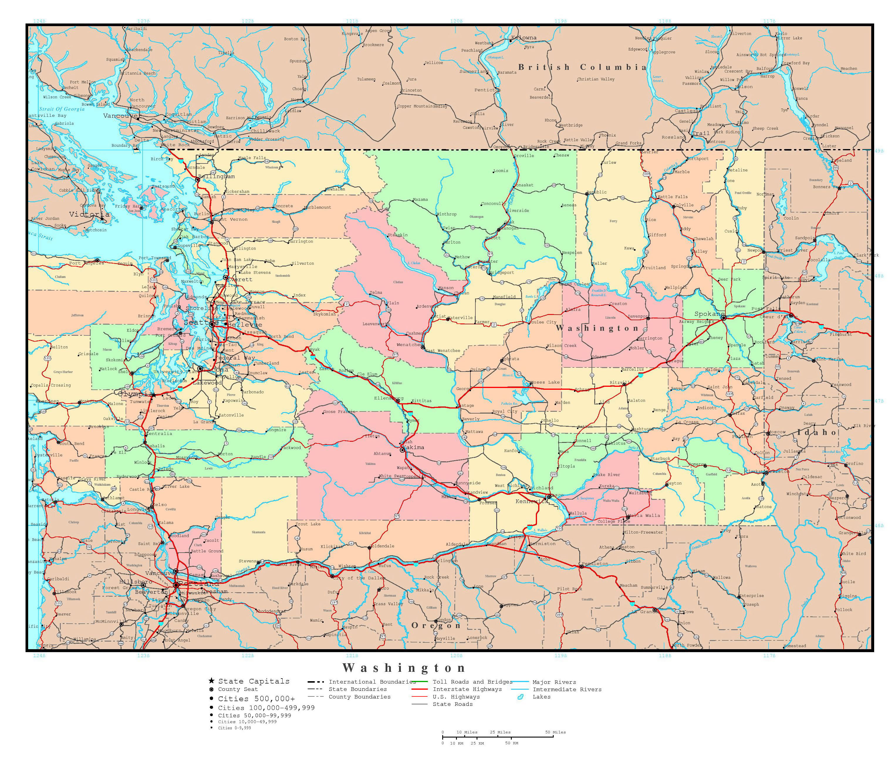 Laminated Map Large Detailed Administrative Map Of Washington State