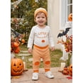 thumbnail image 3 of Loicainy Infant Baby Boy Halloween Outfits 3 6 12 18 Month Pumpkin Letters Embroidery Long Sleeve Crew Neck Romper Striped Pants and Hat Clothes Set, 3 of 8