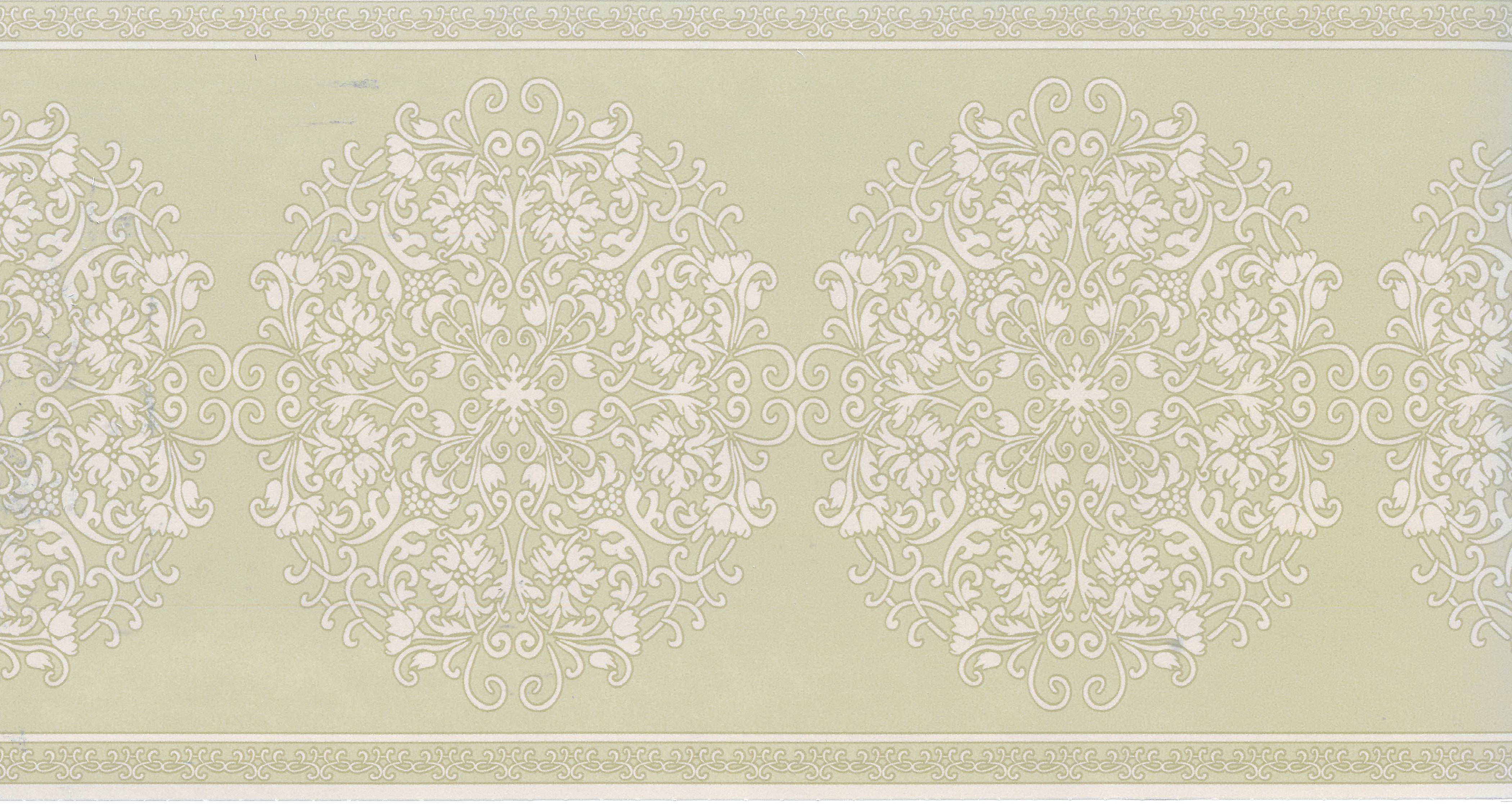 Prepasted Wallpaper Border Damask Olive Green, Beige Scrolls Wall Border Retro Design, 15 ft x