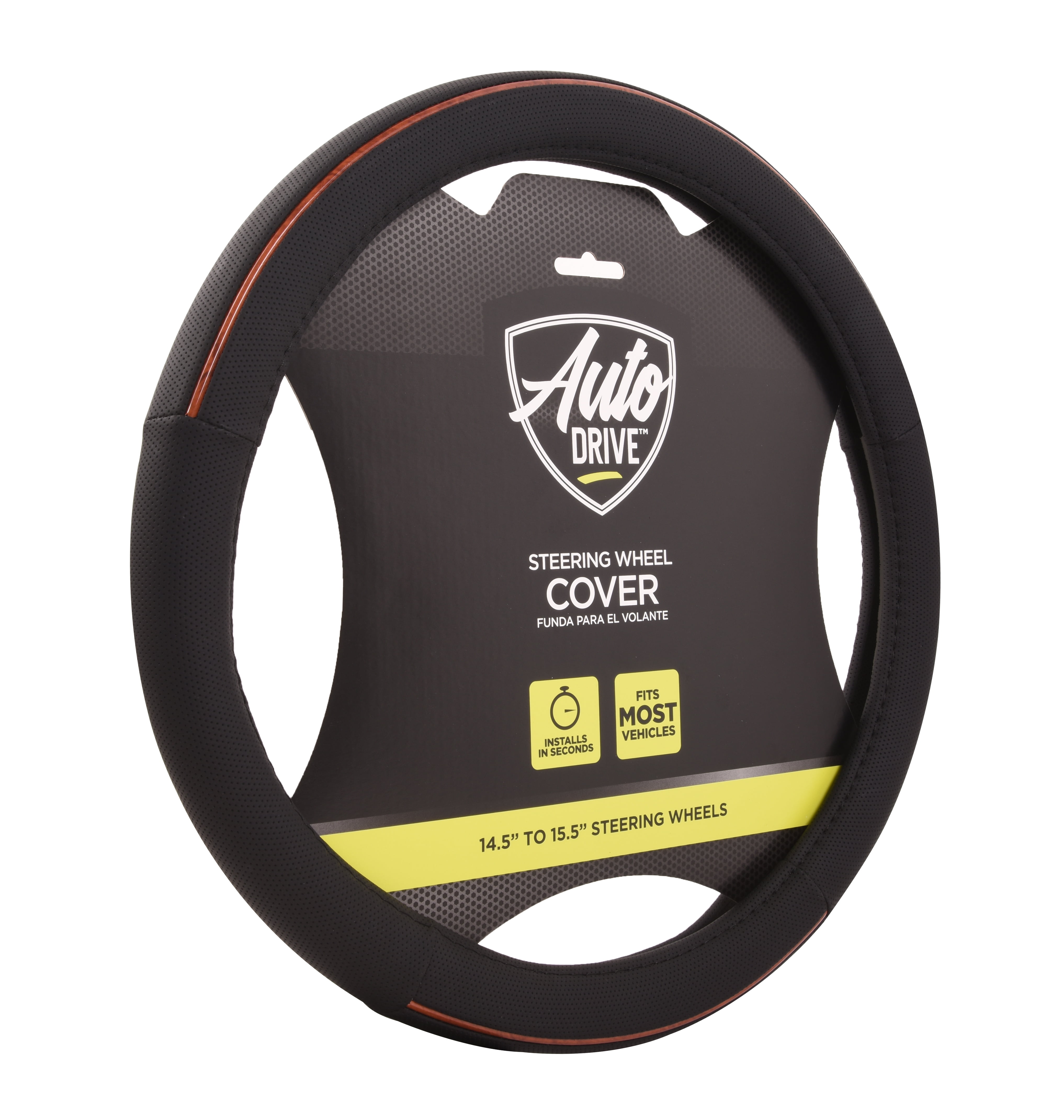 Auto Drive Universal PU Leather wood grain steering wheel cover, Black