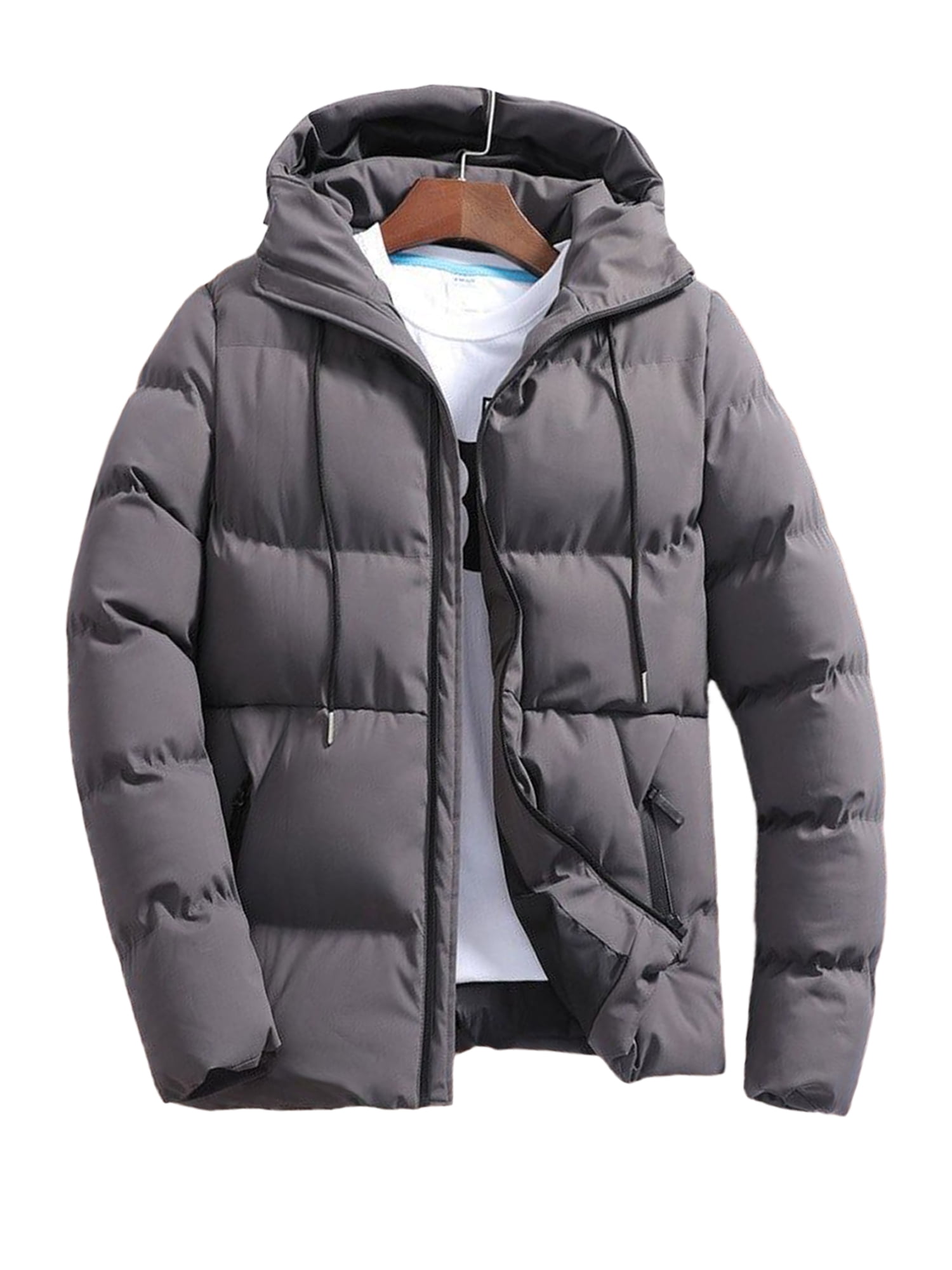 Grianlook Puffer Jacket For Mens Hooded Neck Winter Coat Solid Color Full Zip Winter Outerwear Deep Gray -