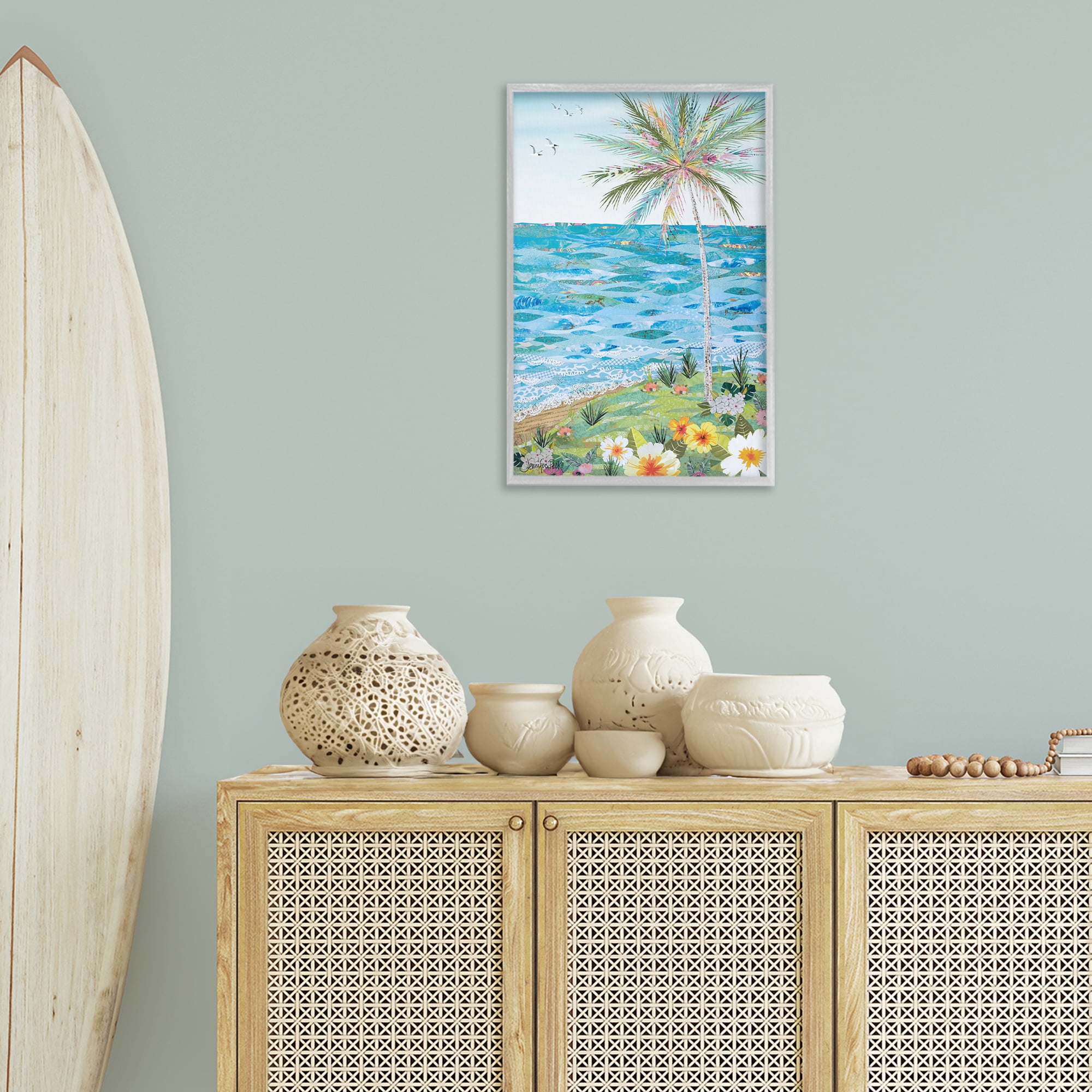 Stupell Industries Collaged Tropical Landscape Landscape Painting Gray Framed Art Print Wall Art, 16 x 24
