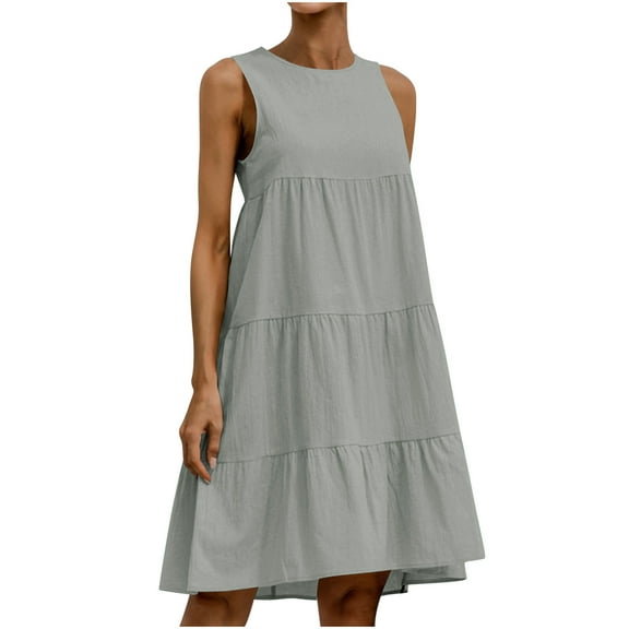 CHGBMOK Women Dress Crew Neck Sleeveless Linen Dress Front Pleated Curved Hem Midi Dress Casual Loose Plus Size