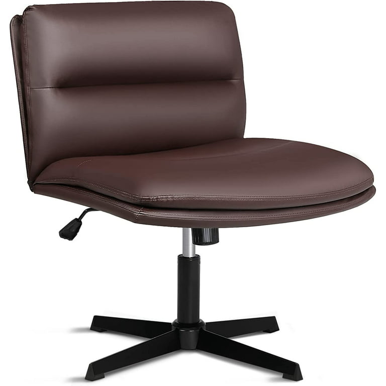 Armless Home Office Desk Chair no Wheels, PU Leather Swivel Vanity Chair  with Criss Cross Leg and Wide Padded Seat, 105°-120° Rocking Accent Chair  for