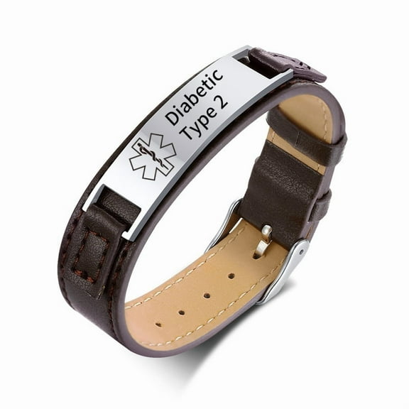 Brown Leather Medical Alert Bracelet for Men, Diabetic Type 2