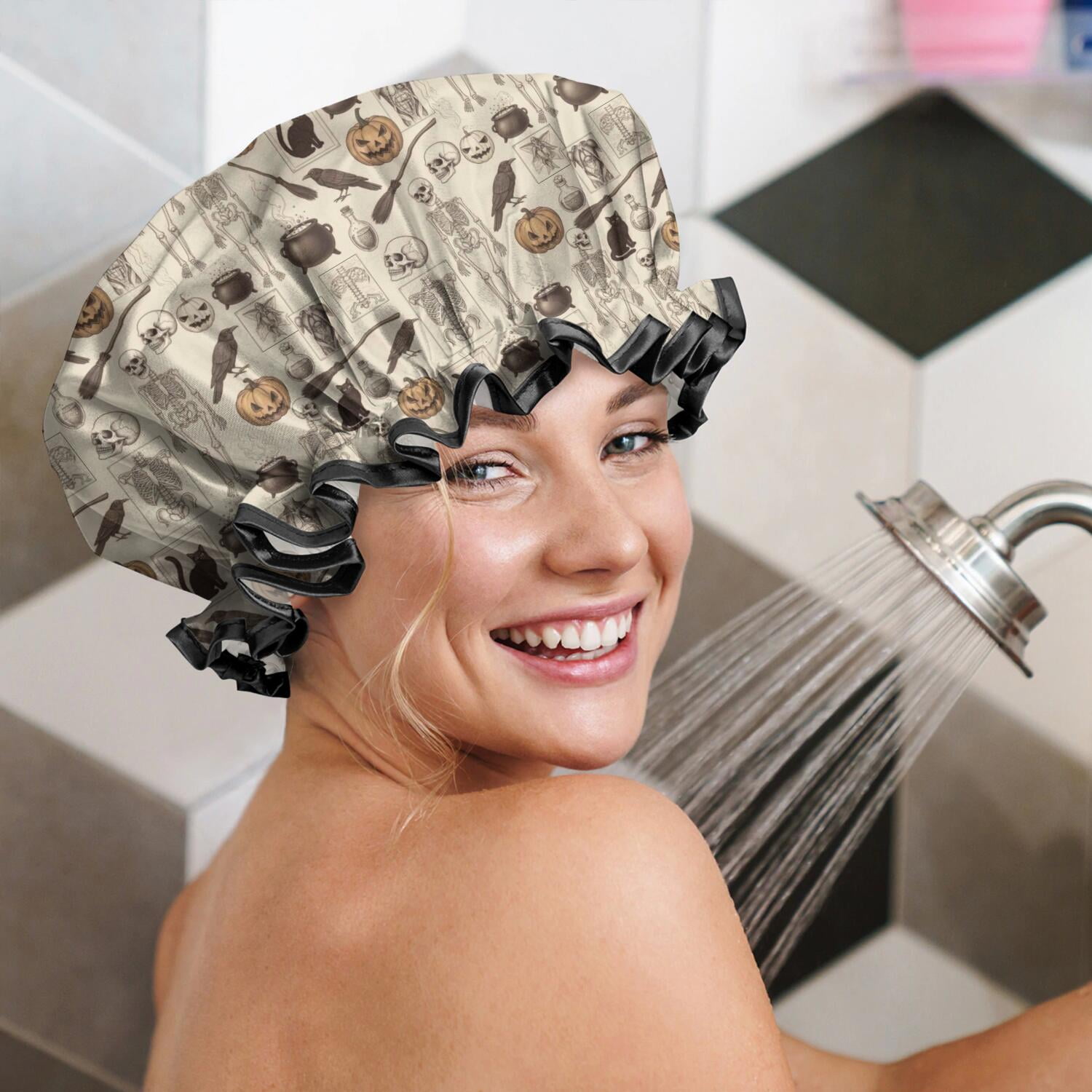 Shower Caps,Beige Halloween Skull Pumpkin Cat Pattern Waterproof Shower Cap for Women 4 Pieces,Double Reusable Hair Cover for Shower PEVA Elastic Stretch Hem