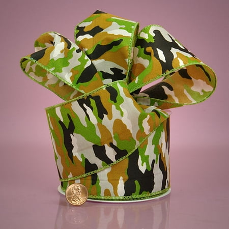 Satin Wire Ribbon - Green Brown and White 2-1/2 inches x 10 yards Camouflage Camo Wired Satin Decorative Ribbon