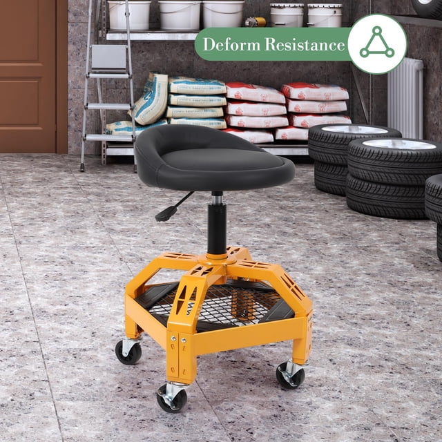 EDTara Tabouret de Mécanicien d'Atelier, Siège et Dossier Rembourrés à Roulettes, Cadre en Acier Robuste, Pivotement à 360°, Hauteur Réglable de 23 à 30 cm