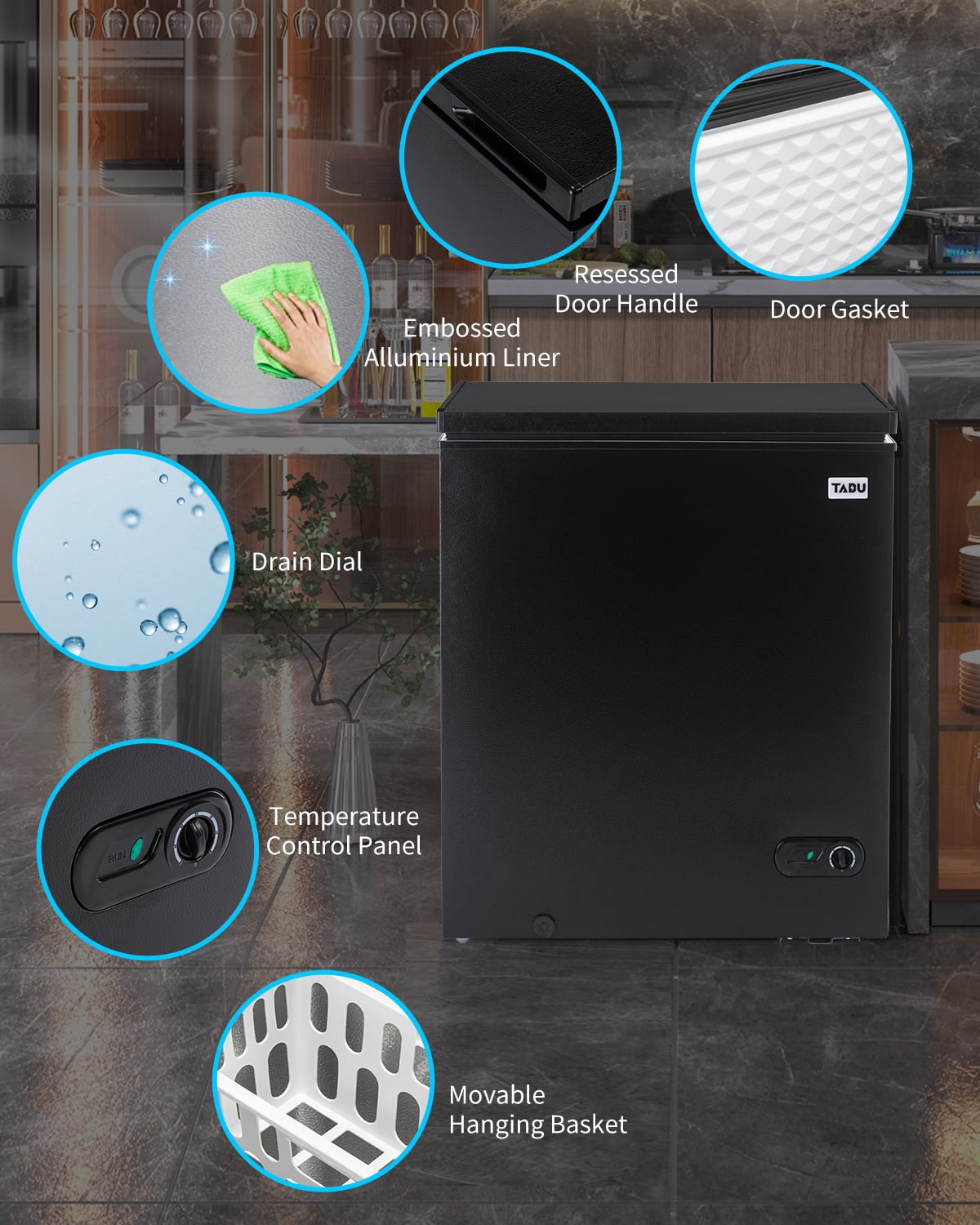 TABU 8.6 Cu Ft Chest Freezer, Deep Freezer with Removable Baskets, Adjustable Temperature,Black