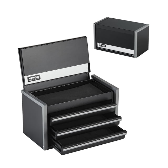 caja de herramientas vevor metal de 22 cm con 3 cajones portátil con forros de eva negra, vista 3/4 frontal con tapa superior abierta que muestra compartimento superior forrado en EVA y tres cajones deslizantes forrados; cuerpo compacto de acero con recubrimiento en polvo, bordes plateados y patas antideslizantes de polipropileno, diseño tipo mini ideal para escritorio (8.6 in).