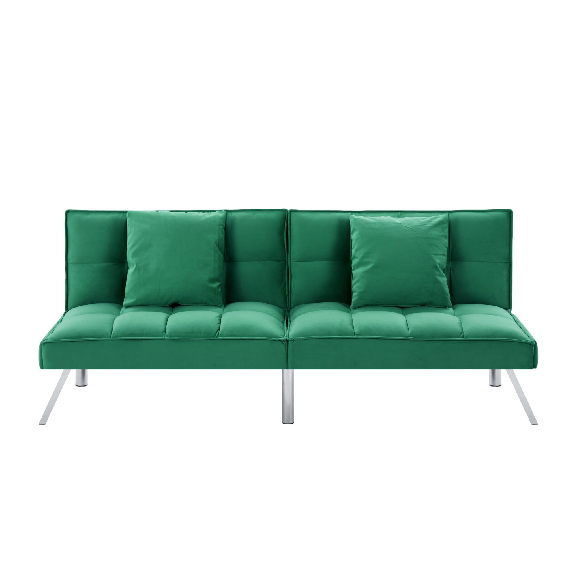 Gewnee Green 67.7” Velvet Futon Sofa Bed, Modern Love Seat with Adjustable Backrest, 2 Throw Pillows, Suitable for Home, Office & Guest Room