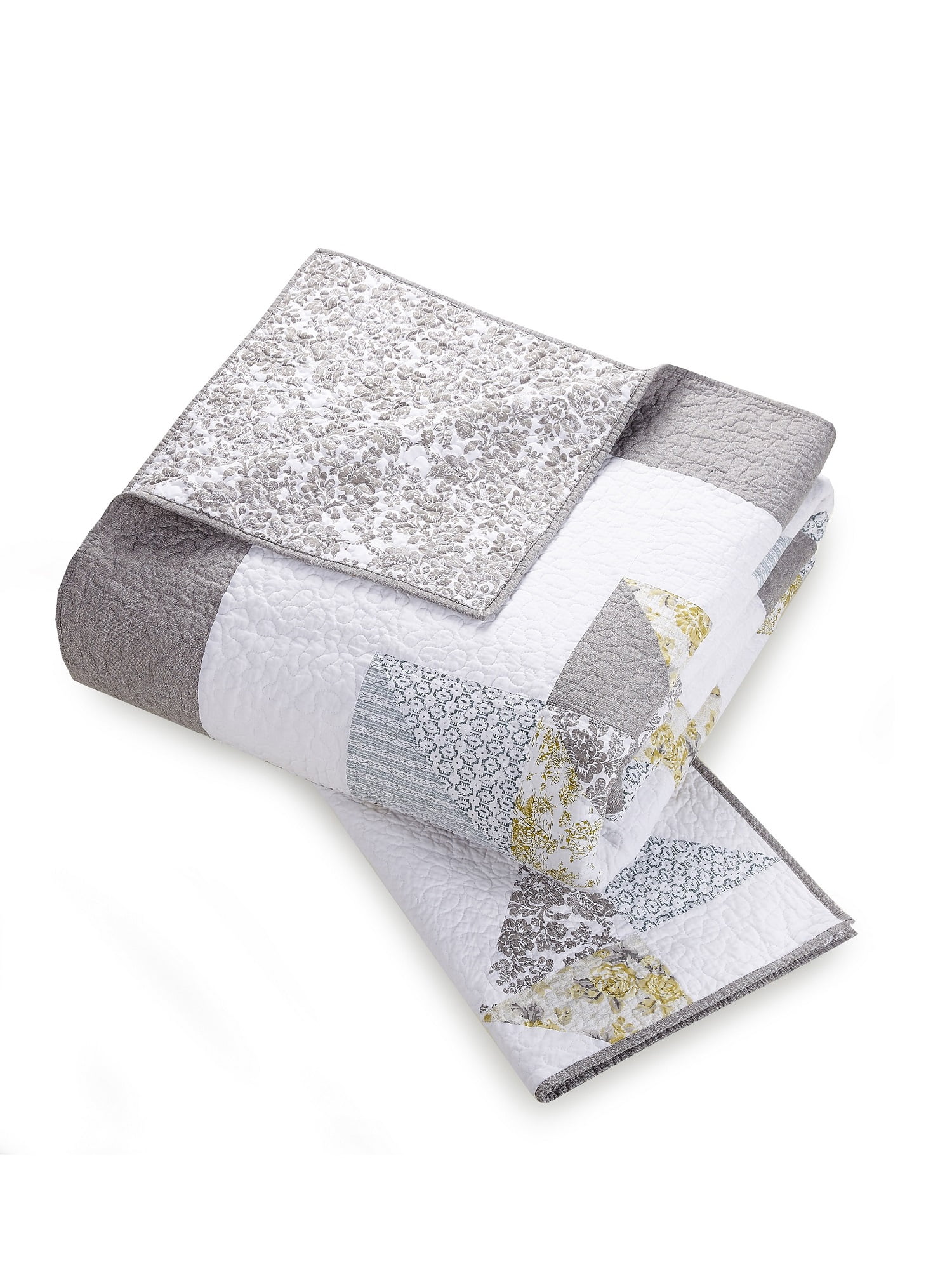 Mary Jane's Farm Reine-Marie Gray and Yellow Floral Patchwork Quilt Set, King, All Ages