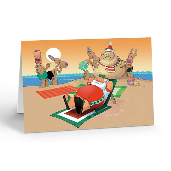 Cute and Funny Santa Sun Bathing Holiday Cards - 18 Cards and 19 Envelopes - Chr