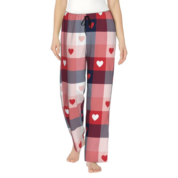 Fotbe Heart Plaid Pantalones de Pijama para Mujer, Pantalones de Dormir, Pantalones Pj con Cordón y Bolsillos-Small