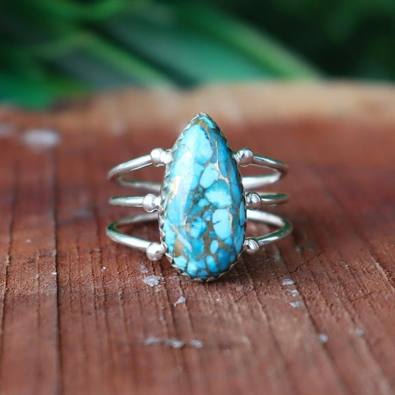 Turquoise Teardrop Ring, 925 Sterling Silver Ring, Multi-Band Ring, Handmade Jewelry, Boho Jewelry Statement Ring, Dainty Ring, Gift For Her