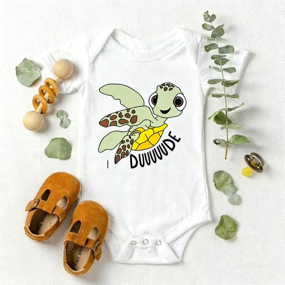 Baby Bodysuit or Onesie with Funny "I DUUUUDE" Turtle Print, Surfer Theme Short Sleeve Romper, Unisex Infant Gift for Baby Shower, Newborn Clothes