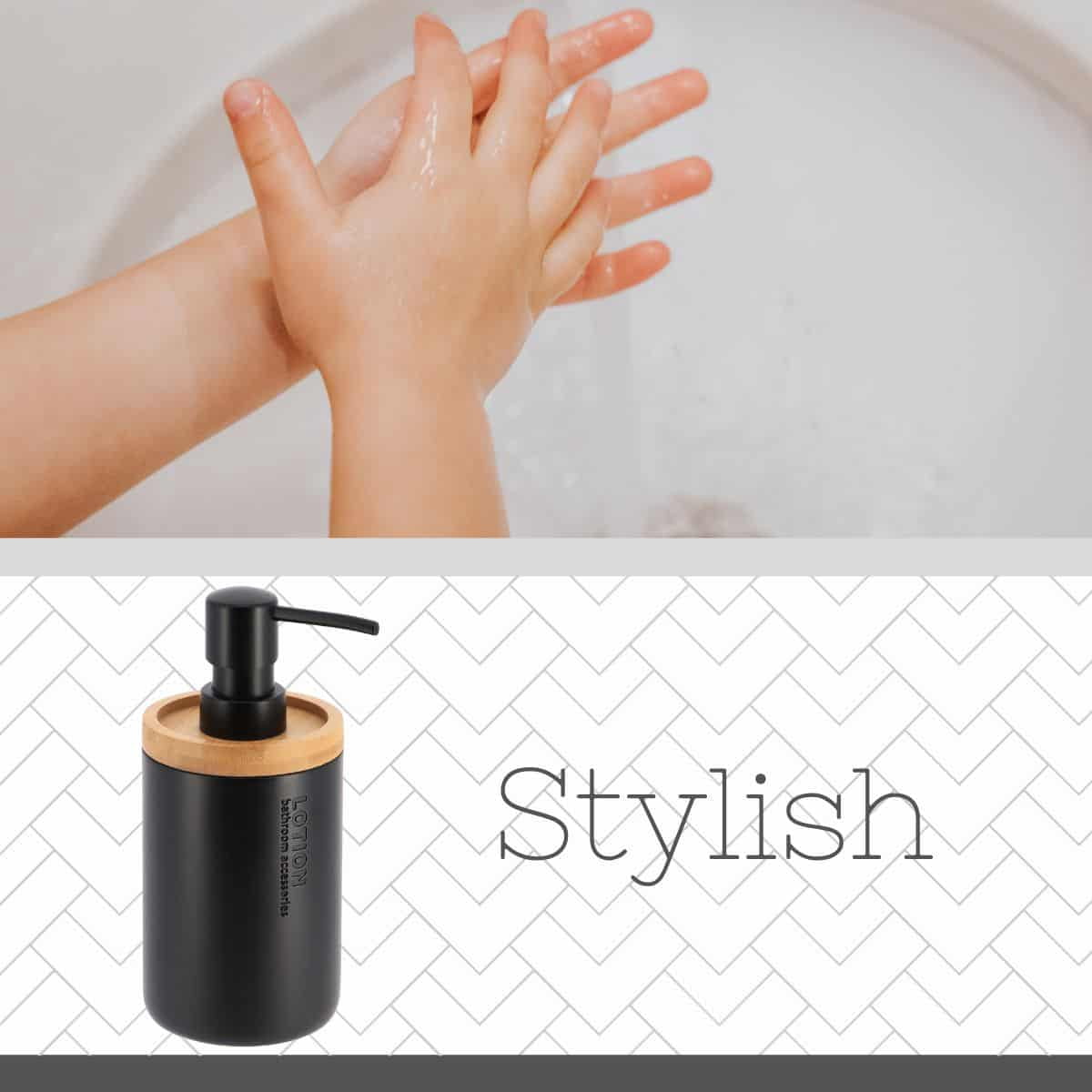 Sleek Matte Black Soap Dispenser with Natural Bamboo Detail - Polyresin Hand Pump, Elegant Bathroom Accessory