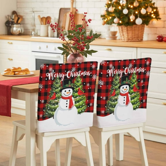 Winter Snowman Chair Covers Set of 4 Merry Christmas Tree Snowflakes Red Black Plaid Chair Back Covers Stretch Removable Washable Slipcovers Protector for Dining Room Kitchen Party Decor