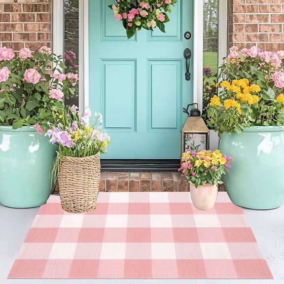 RLESO Pink and White Buffalo Outdoor Rug 24''X35'' Checkered Plaid Front Porch Rug Machine Washable Door Mat Outdoor for Layered Doormat Hello Welcome Door Mat Kitchen Farmhouse Entryway