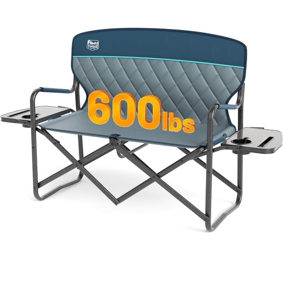 Timber Ridge Double Camping Chair Portable Loveseat, Heavy Duty Folding Camp Couch, 2 person Director Chairs with Cup Holder for Outdoor Supports 600 lbs Blue