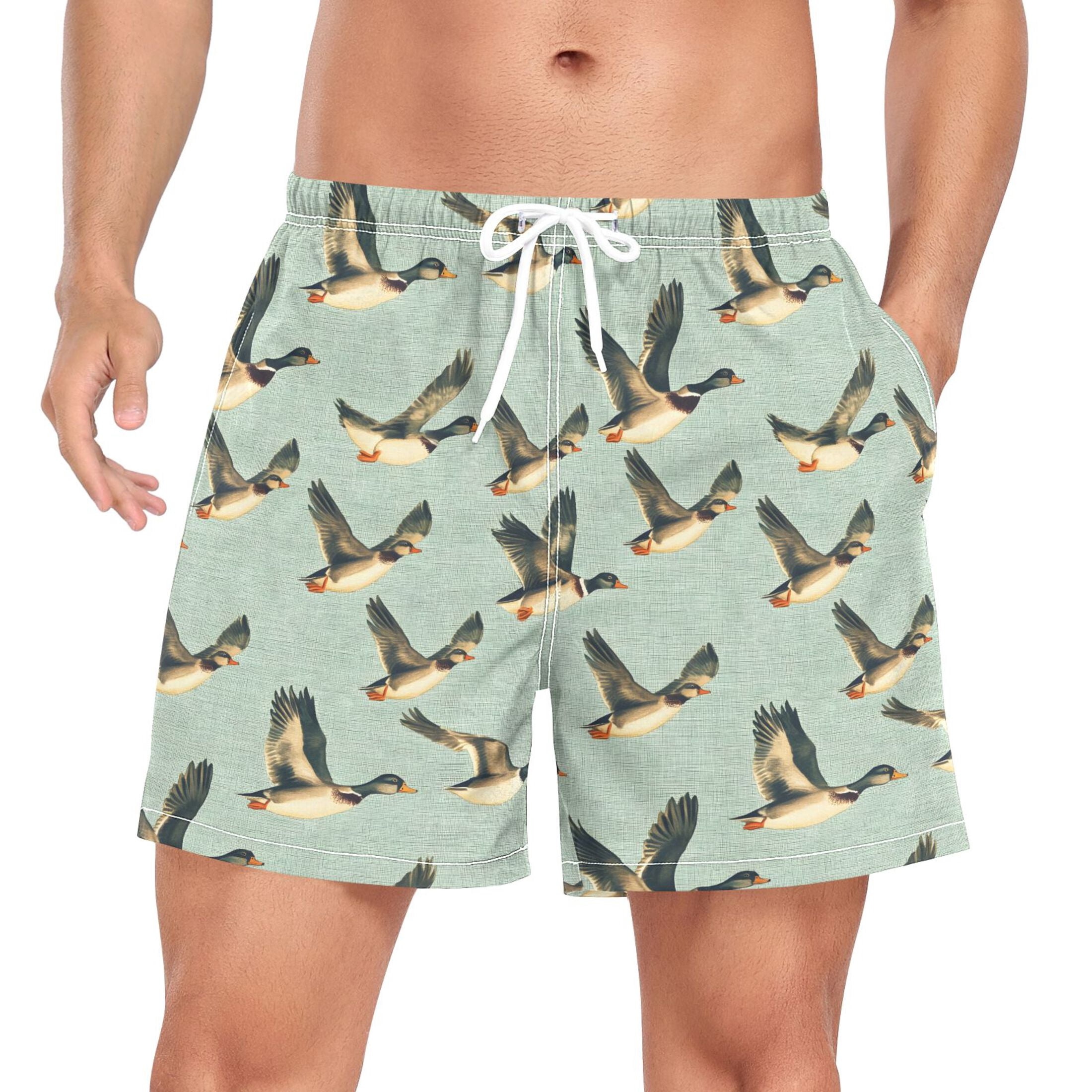 joogoo Men's Ducks Flying Swim Trunks with Liner Pocket Beach Shorts L