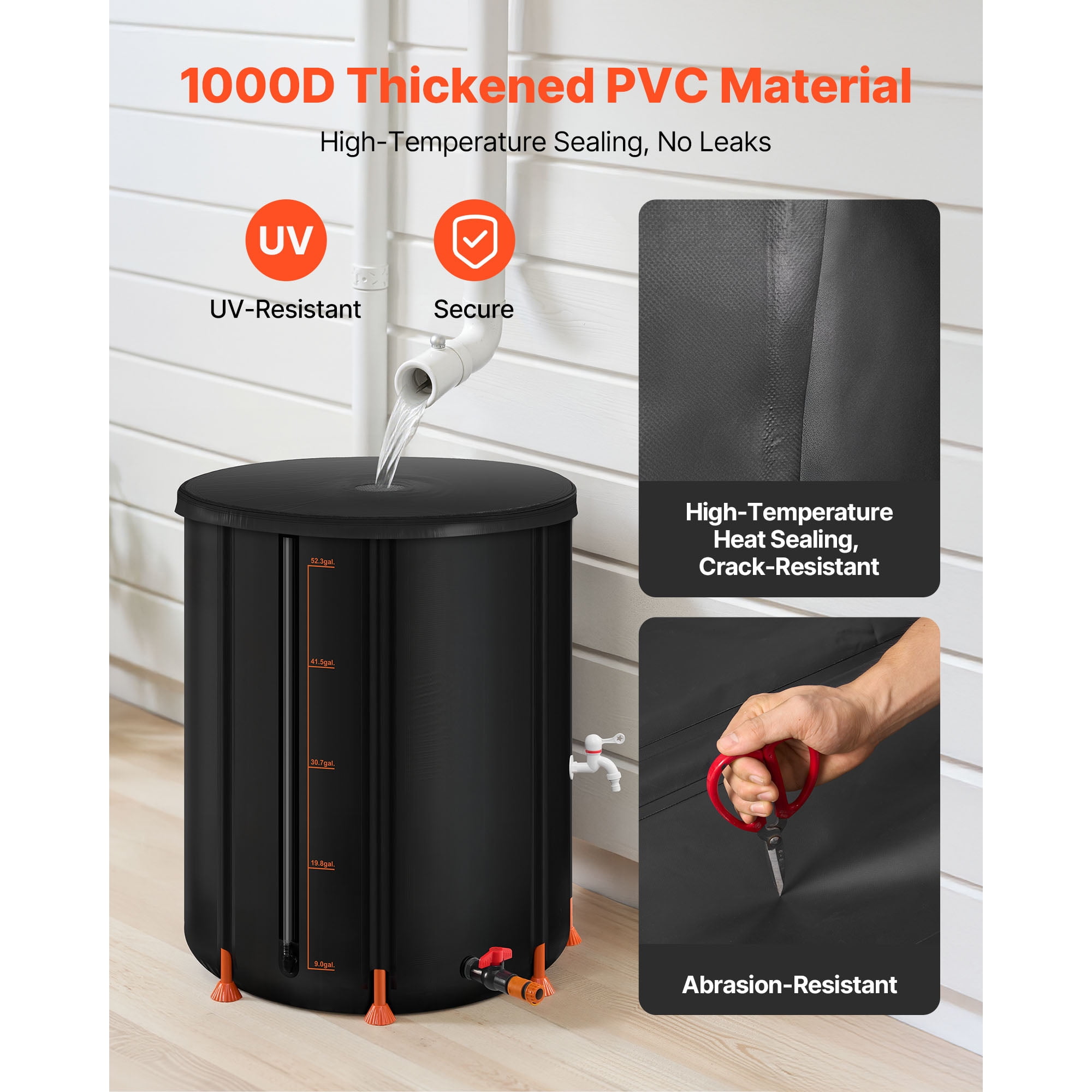 KFFKFF Collapsible Rain Barrel, 53 Gallon Portable Rainwater Collection System, Durable 1000D PVC Garden Water Storage Tank with Spigot and Overflow Kit, Black