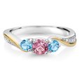 thumbnail image 3 of Gem Stone King 925 Silver and 10K Yellow Gold Pink and White Lab Grown Diamond Swiss Blue Topaz 3 Stone Engagement Ring for Women (0.58 Cttw, April Birthstone, Size 7), 3 of 6