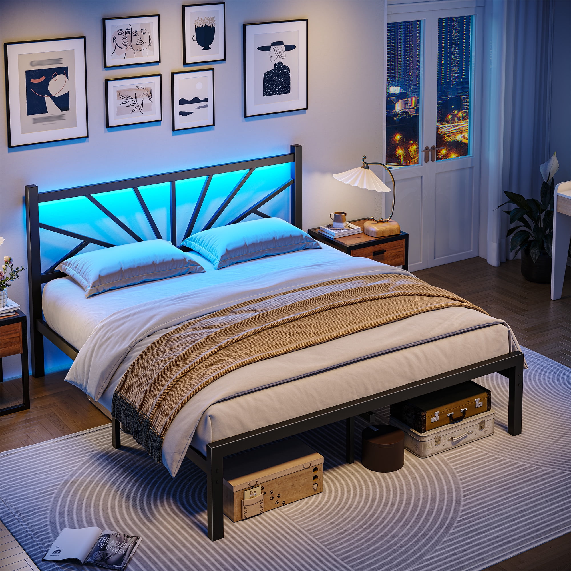 Queen Size Metal Bed Frame with Headboard Metal Platform Bed Frame with LED Lights Bed Frame Twin with Storage Underbed, Noise Free, No Box Spring, Black