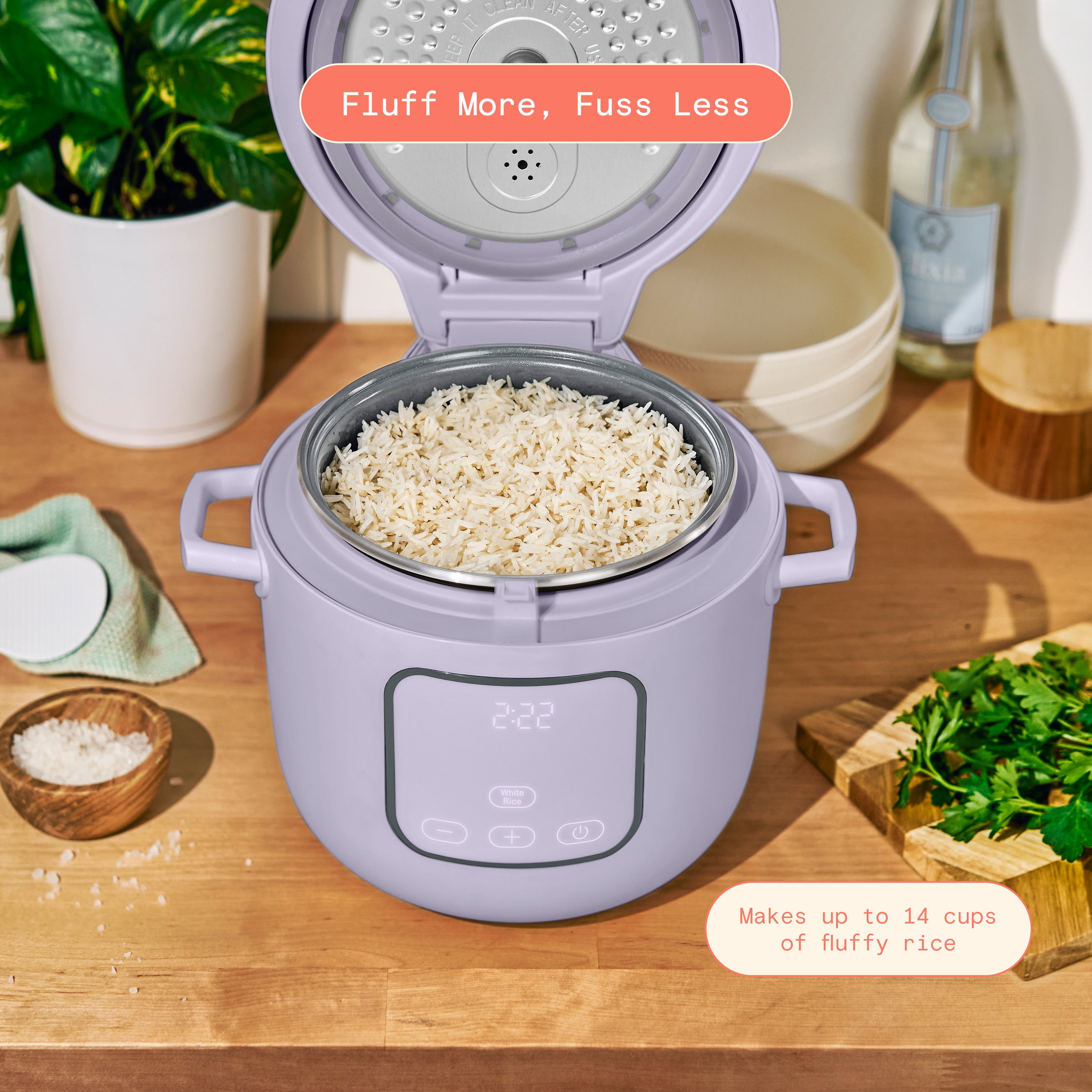Beautiful 14-Cup Cooked, 6-Cups Uncooked Electric Rice and Grain Cooker, EverGood™ Ceramic Nonstick Coating, Lavender by Drew Barrymore