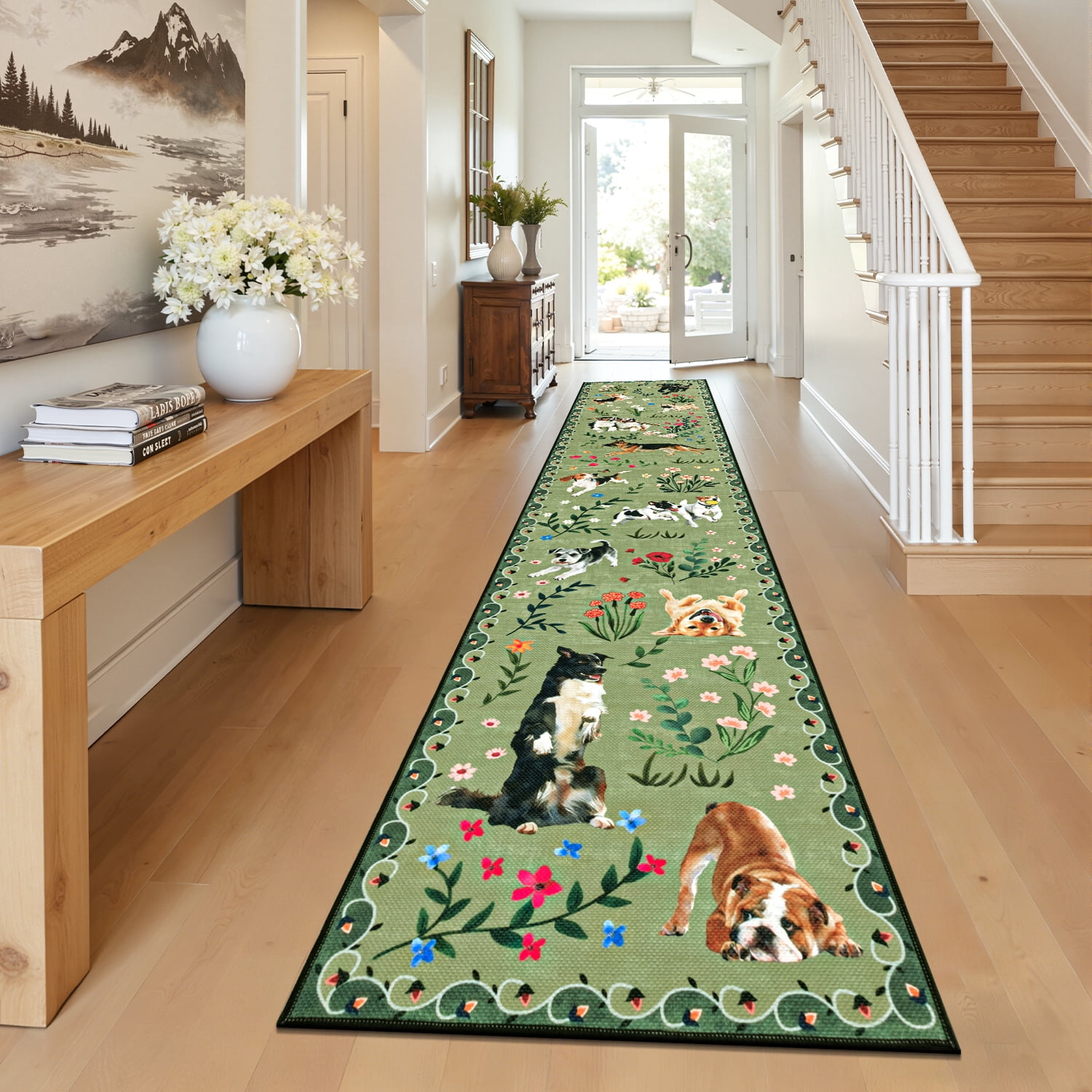 MJIAexp 2'x10' Jute Animal Dog Floral Kitchen Runner Rug,Woven Texture Machine Washable Runner Rug Non-Slip Rubberback Hallway Runner Laundry Rug Throw Carpet for Living Room Bedroom Dining Room Entr