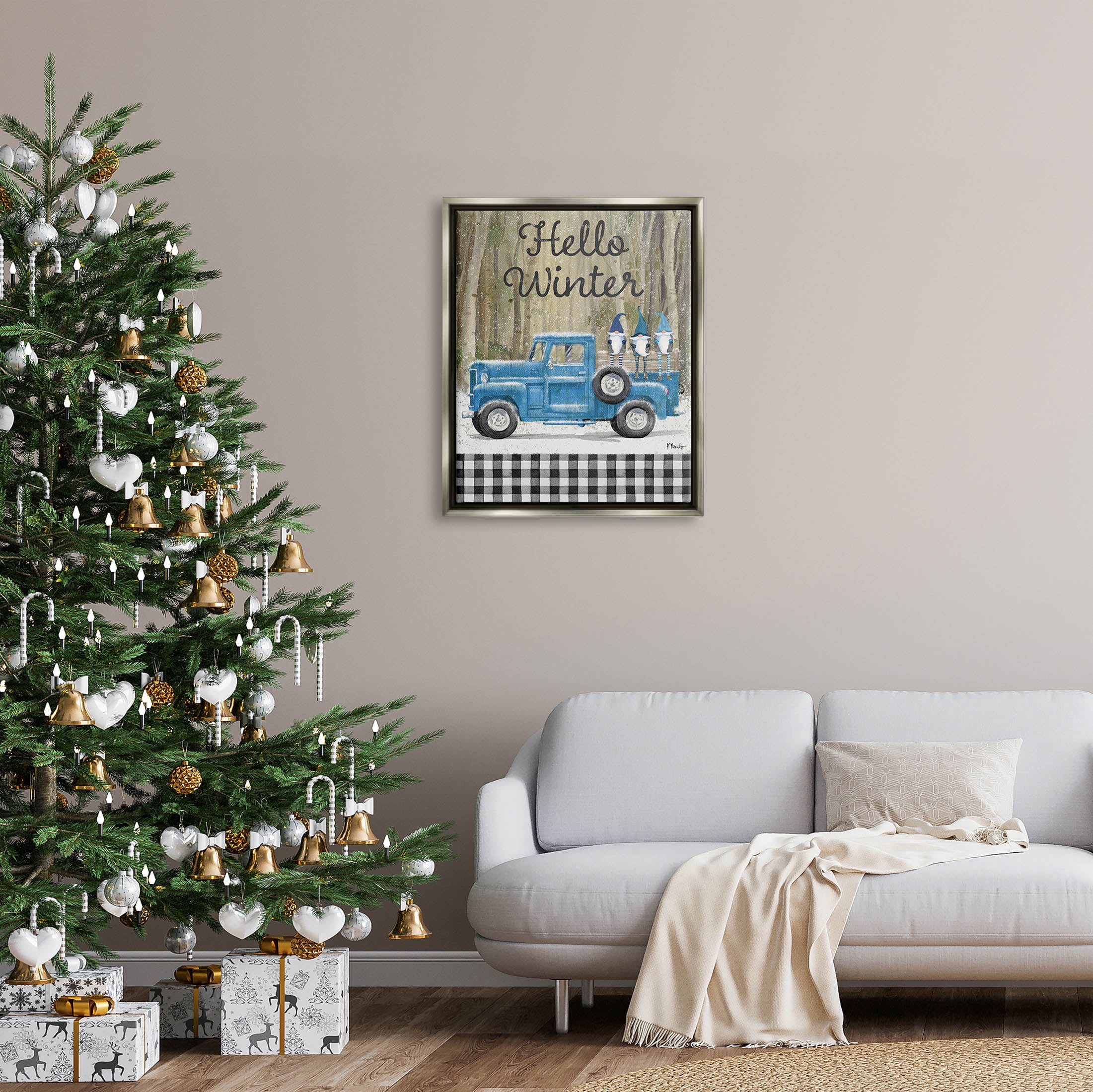 Stupell Industries Hello Winter Plaid Gnomes Graphic Art Luster Gray Floating Framed Canvas Print Wall Art, Design by Paul Brent