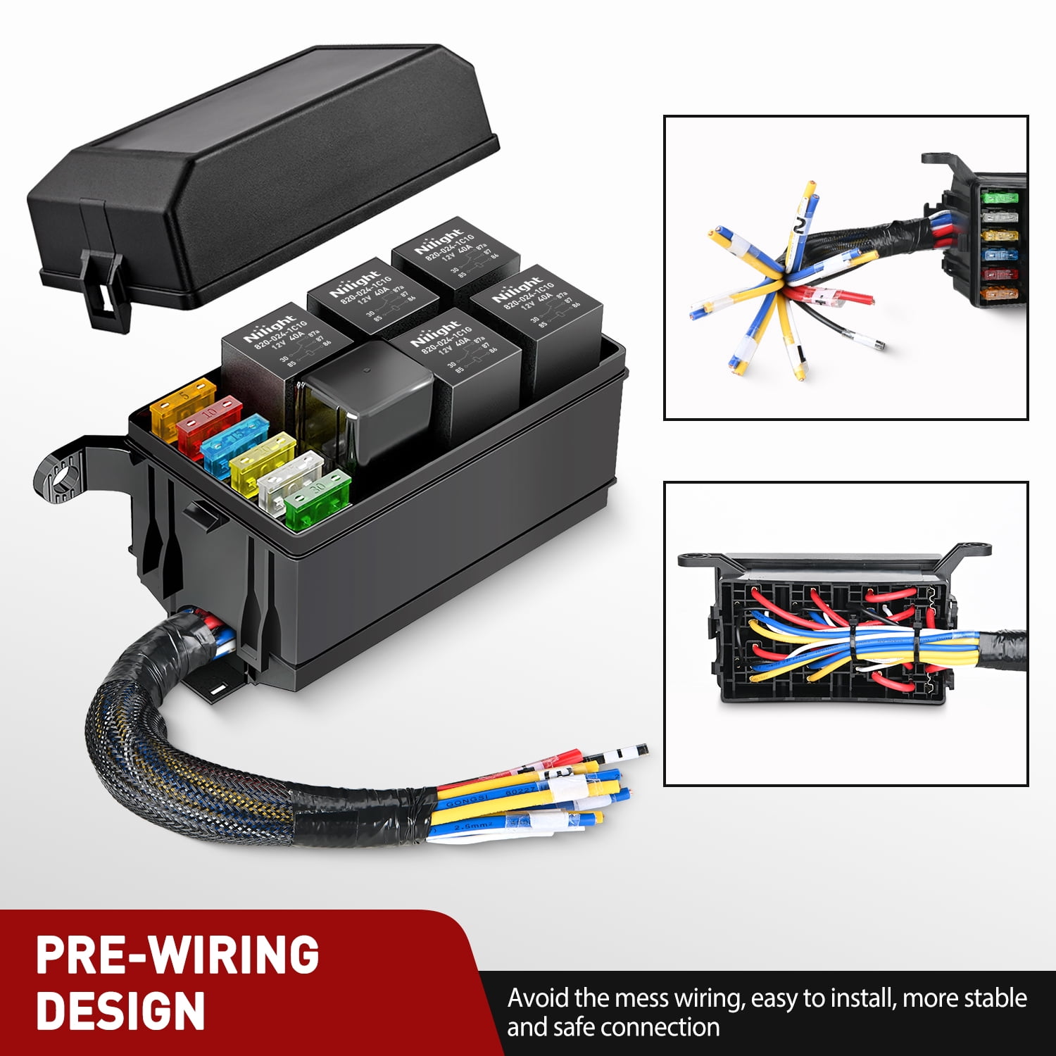 Nilight 12V Fuse Relay Box 6 Relays 6 Slots ATC/ATO Blade Fuse Holder 4Pin 5Pin  40A Relay Pre-Wired Waterproof Block Kit Universal for Automotive Car Truck Camper Boat