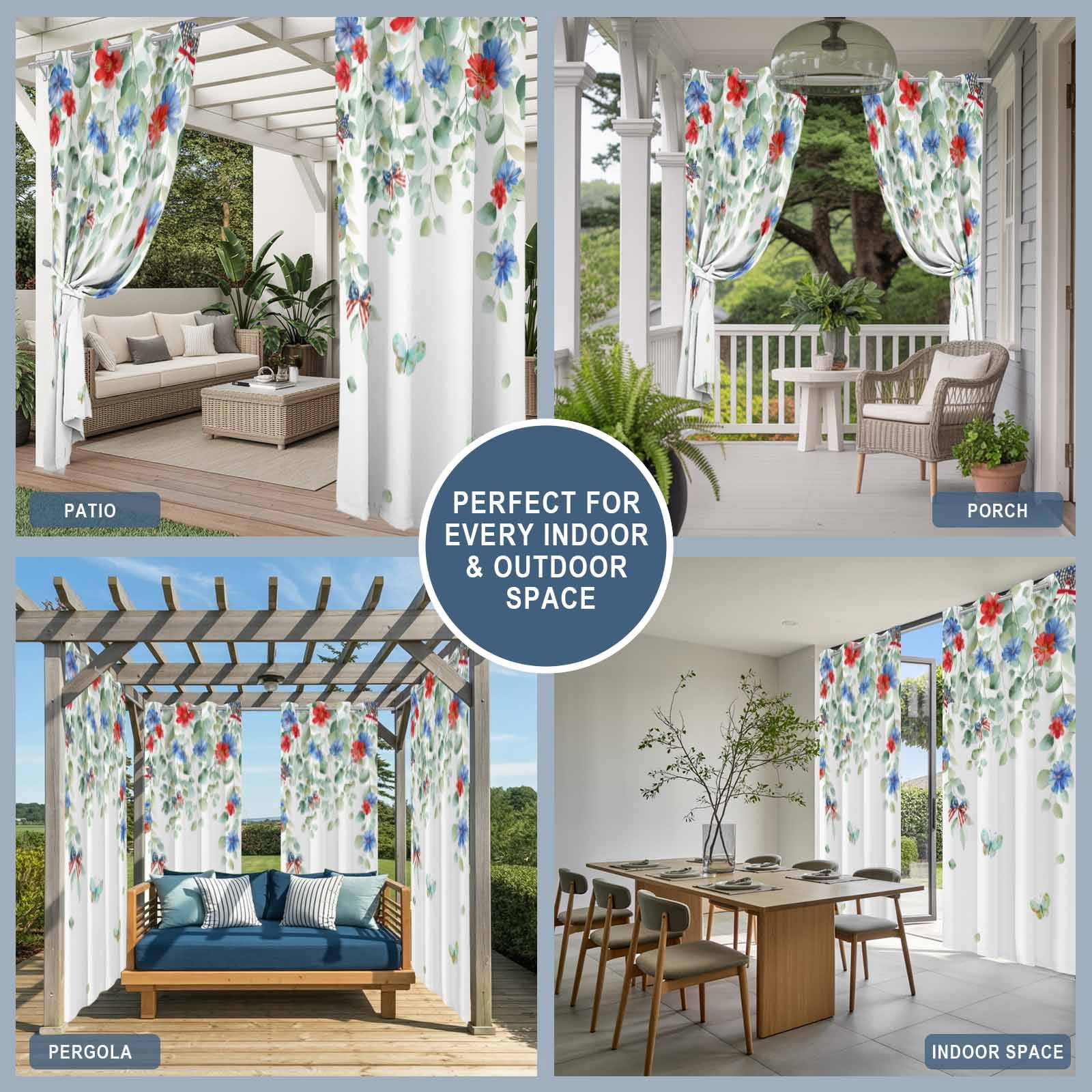 Independence Day Outdoor Curtains for Patio, Watercolor Red Blue Floral Leaf Sunshade Privacy Drapes Grommet Waterproof Outside Curtains for Porch/Cabana/Balcony 54"x 108", 1 Panel