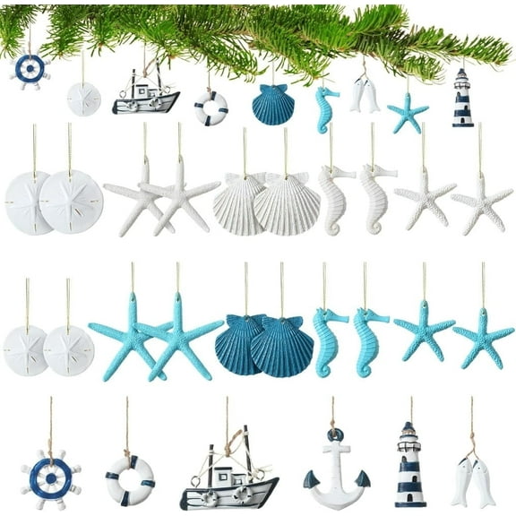Nautical Coastal Delight Ornaments, 26-Piece Enchanting Beach-Ocean Theme