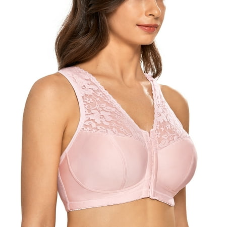 DELIMIRA Women s Front Closure Bras Racerback Wireless Plus Size Full Coverage Lace Bra