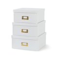 thumbnail image 1 of Cajas de papel kraft blancas para almacenamiento, juego de 3 cajas apilables cuadradas con tapas y soportes para etiquetas doradas, 1 of 7
