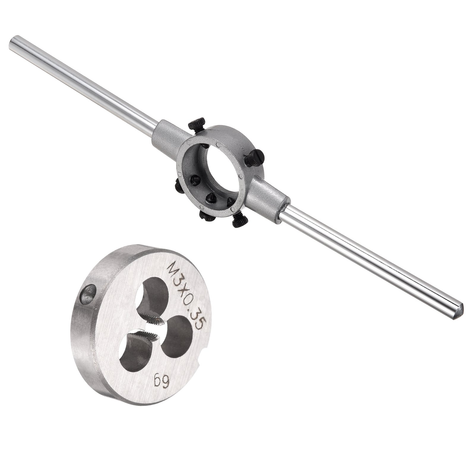 Uxcell M3 x 0.35 HSS Round Die with Matching Wrench Non-Adjustable Alloy Steel Machine Thread Die Stock Tool Set 20X7 for Cutting Repairing External Threads