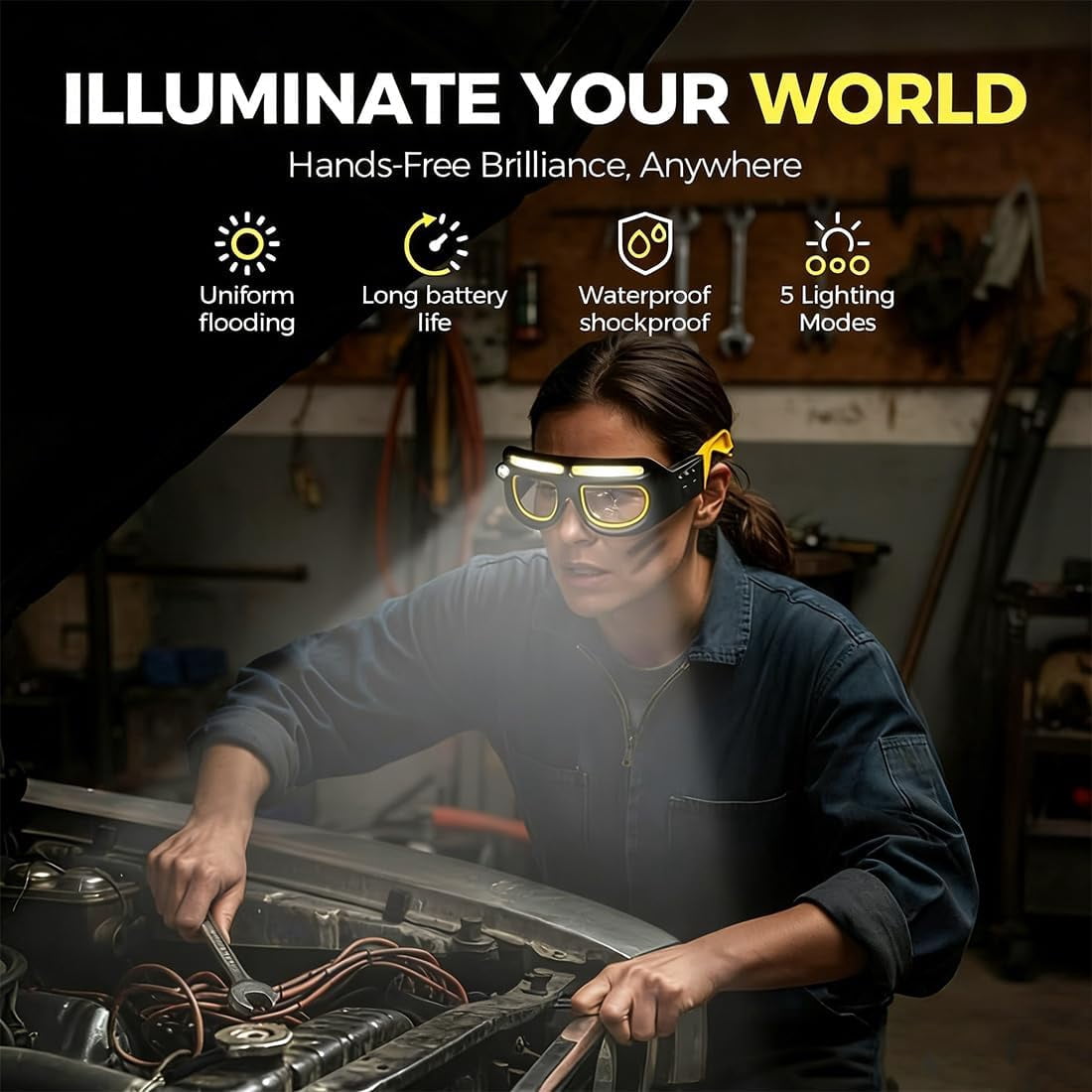 SONGAUN LED Rechargeable Headlight Glasses with Motion Sensor & Touch Control, Waterproof Safety Glasses with 5 Modes, Headlamp Glasses for Running, Camping, Fishing, Cycling, Hiking