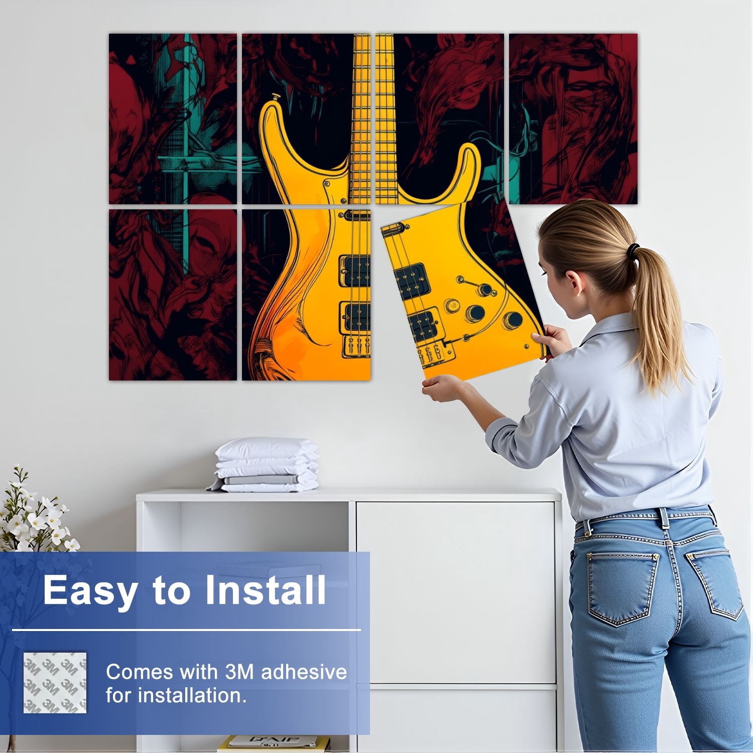 Musical 8 Pack Art Acoustic Panels Sound Absorbing Yellow Electric Guitar Abstract Dark Red Decorative Soundproof Wall Panels Self Adhesive for Nursery Game Room Music Classroom 48"x32"