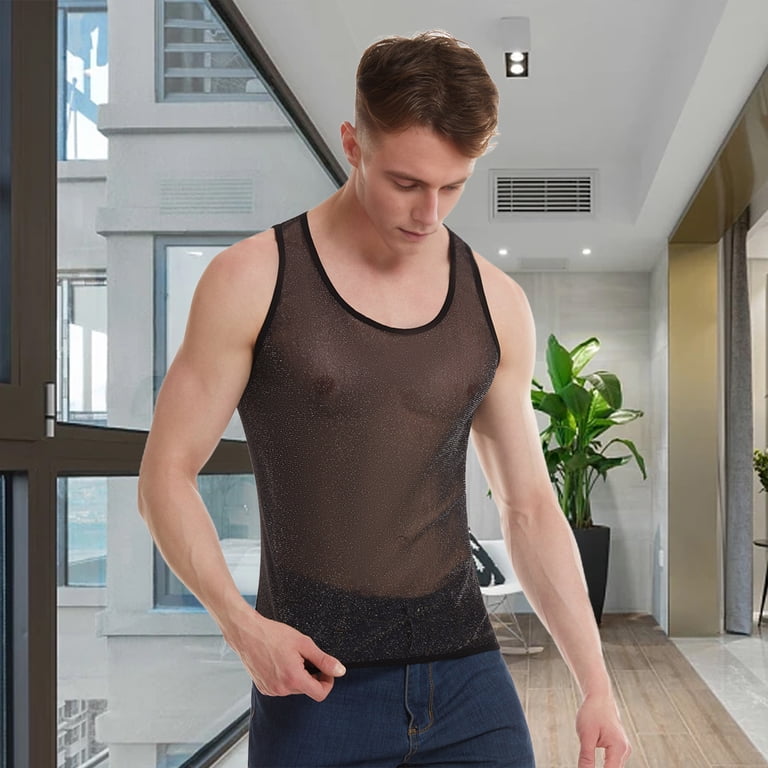ZenCart Men's Mesh Tank Top Sleeveless Glittery Transparent Vest