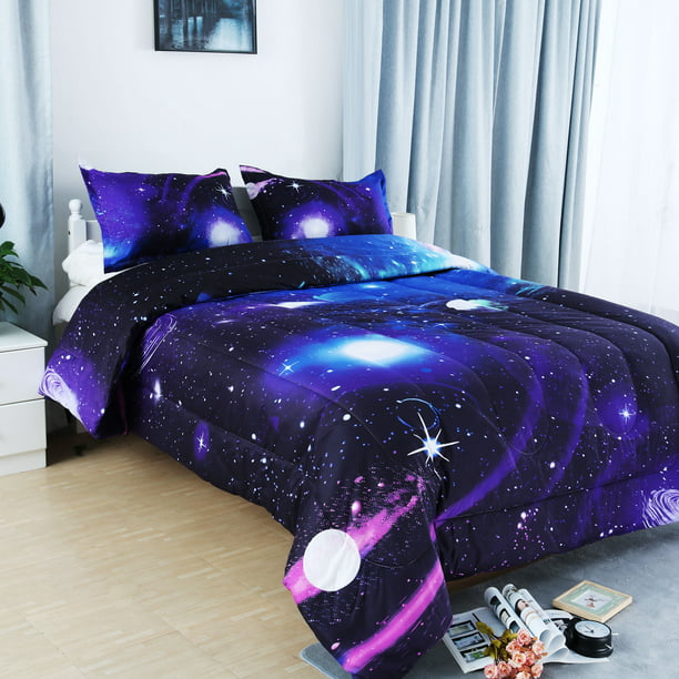 Full Queen 3pcs Galaxies Purple Comforter Set All Season Down