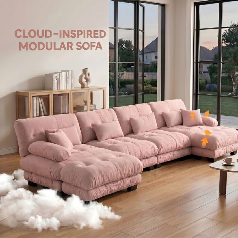 ANPPORT Cloud Couch Sleeper Sofa, Chenille Pink 4-Seater Modular Sofa with 2 Ottomans, 4 Lumbar pillows, 2 Pillows, Comfy Deep Seat Cloud Sofa, Convertible L-Shaped Floor Couch for Living Room
