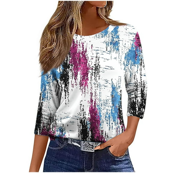 ZQUUVOU Women's T-Shirts Casual Print Crew Neck 3/4 Sleeve Tops(A-Purple,4XL)