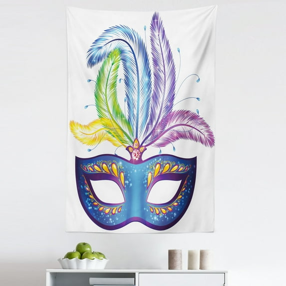 Mardi Gras Tapestry, Blue Ornate Venetian Festival with Feathers Masquerade Parade Preparations, Fabric Wall Hanging Decor for Bedroom Living Room Dorm, 5 Sizes, Multicolor, by Ambesonne