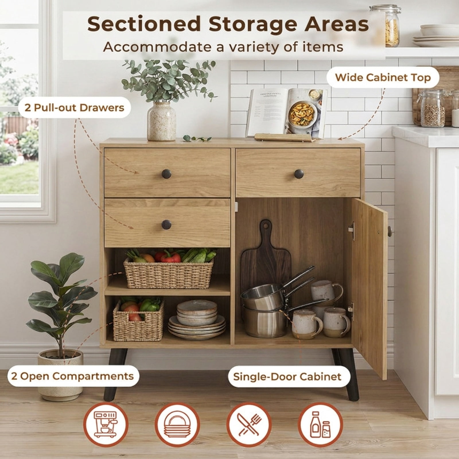 Furnibear 31" Sideboard Cabinet with 2 Open Compartments and 2 Drawers-Natrual for Kitchen Dining Living Room Buffet Storage Server, Natural