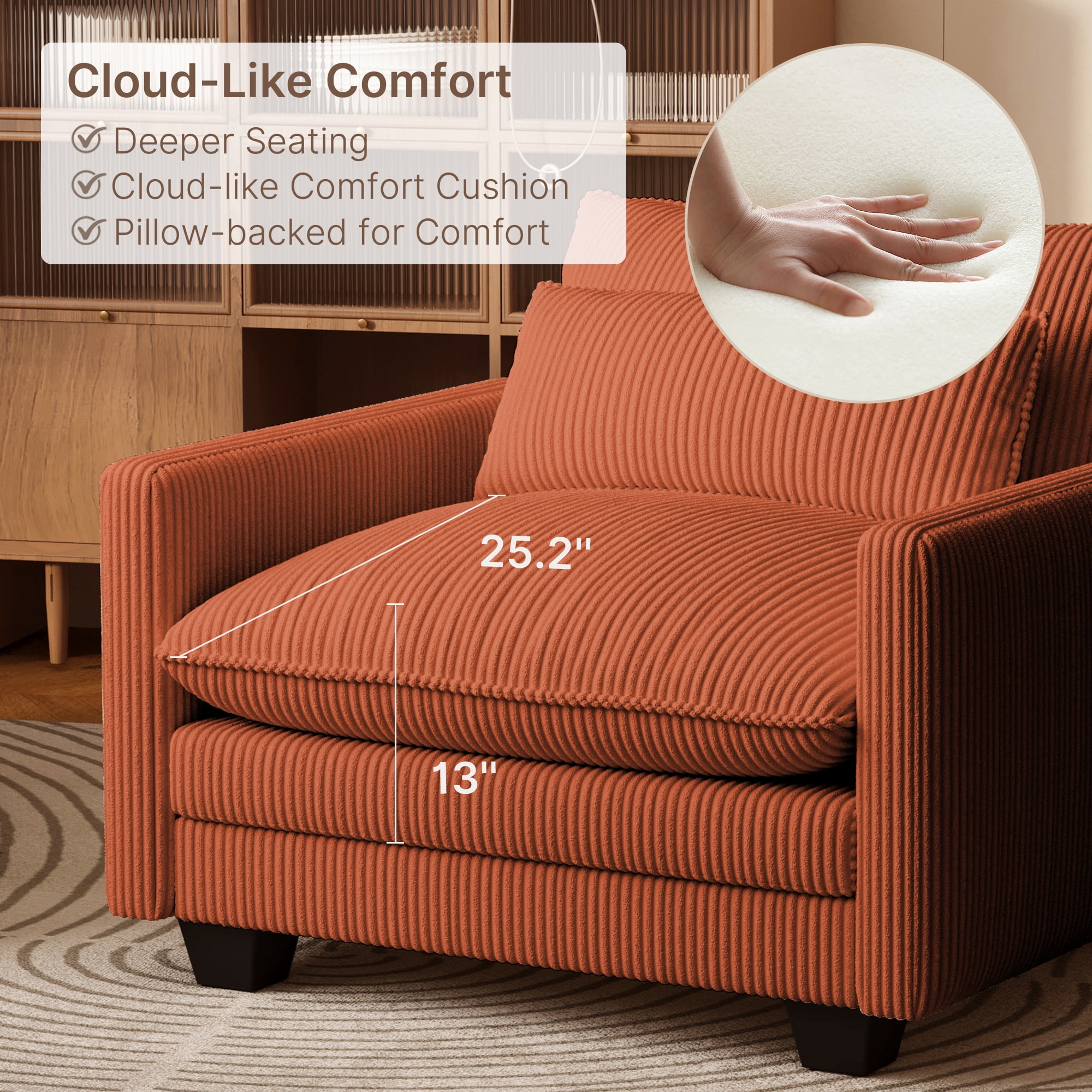 Cloud Corduroy Accent Chair, Deep Memory Foam Seat with Washable Zipper Cover & Arm Pillow, Modern Leisure Single Sofa for Living Room Bedroom Balcony, Orange
