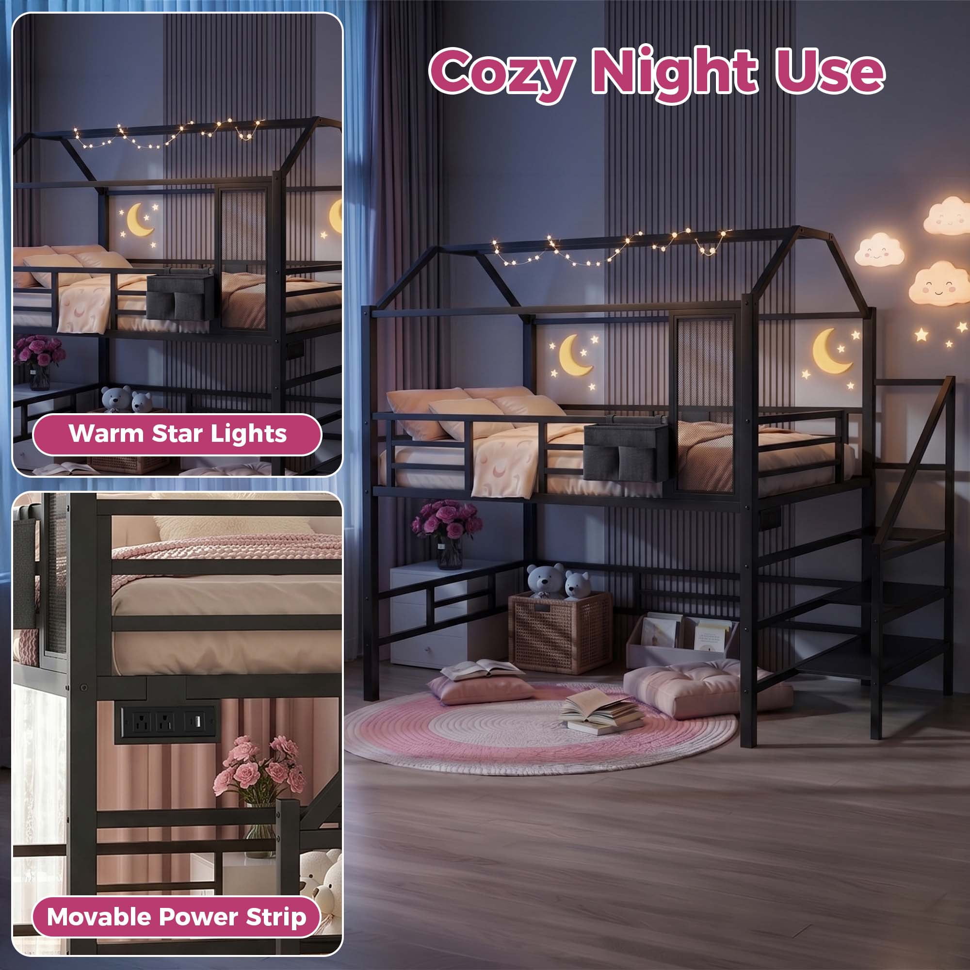Miniyam Full Size Bunk Bed with Stairs, House Bed Design with Charging Station and Storage Bag Led Light, Black