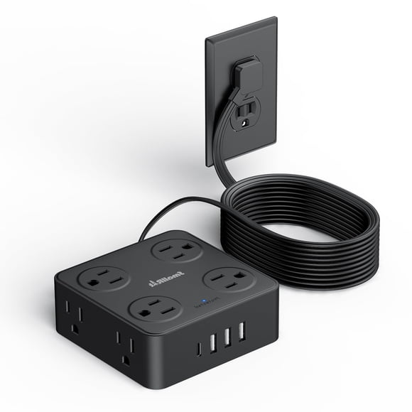 SMALLRT Extension Electrica, Multicontacto Enchufe Plano con Protector de sobretensión, 8 enchufes CA, 4 Cargadores USB (1 Puerto USB C), ultradelgado, Enchufe Plano (Black, 5M)
