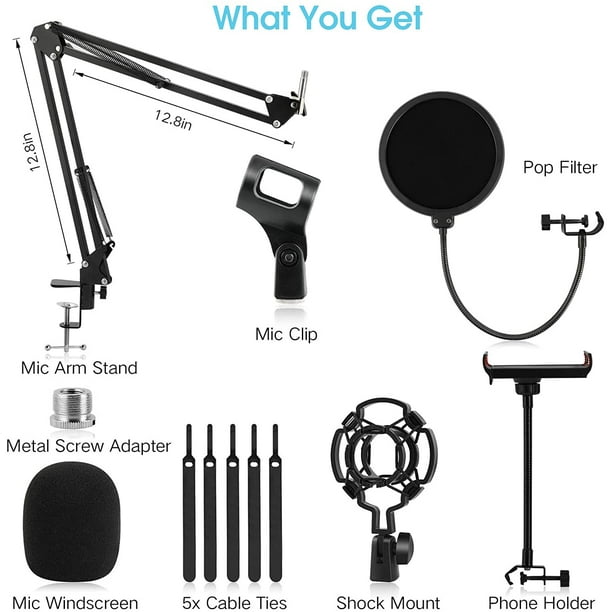 Support de microphone AIMTYD avec bras de suspension réglable, filtre  anti-pop, adaptateur à vis 3/8 à 5/8, clip micro, support de téléphone,  pour Blue Yeti, Blue Snowball et autres micros 