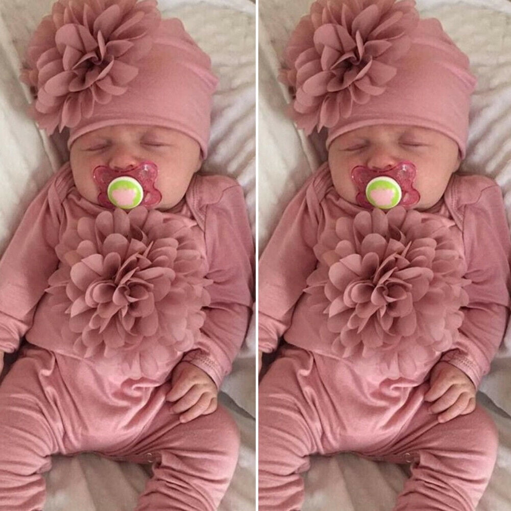 2PCS Newborn Baby Girl Clothes 3D Flower Romper Jumpsuit Bodysuit Hat Outfit Set